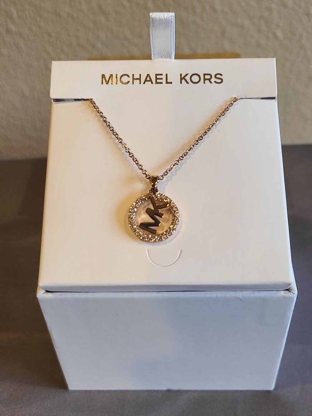 Michael Kors Rose Gold MK Crystal Circle Pendant Necklace